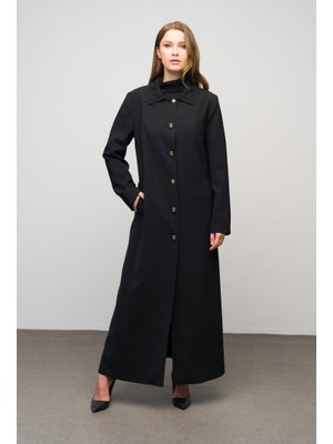 Siyah Gömlek Yaka Punto Dikiş Detaylı Büyük Beden Astarlı Pardesü