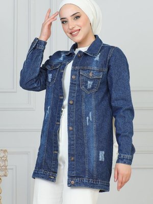 Koyu Kot Cebi Lazer Detaylı Mavi Ceket Koyu Kot Cebi Lazer Detaylı Mavi Ceket