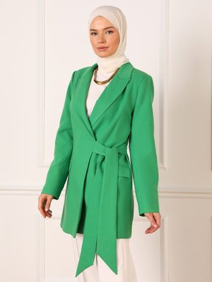 Keten Görünümlü Bağlama Detaylı Klasik Ceket Yeşil