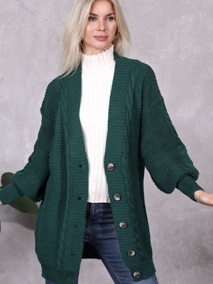 Triko Düğmeli Saç Örğülü Hırka Zümrüt Yeşili (80cm)