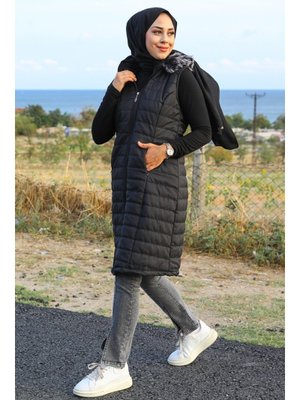 Siyah Senay Çift Cepli Kapüşonlu Şişme Yelek