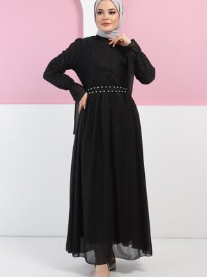 Siyah İnci Detaylı Simli Abiye Elbise Siyah İnci Detaylı Simli Abiye Elbise
