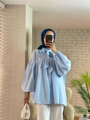 Mavi Yakası Fularlı Pileli Tunik