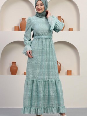 Mint İnci Detaylı Dantel Abiye Elbise
