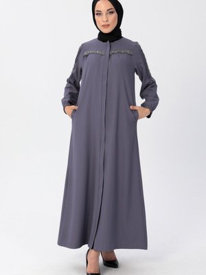 Antrasit Fermuarlı Taş Detaylı Ferace Antrasit Fermuarlı Taş Detaylı Ferace