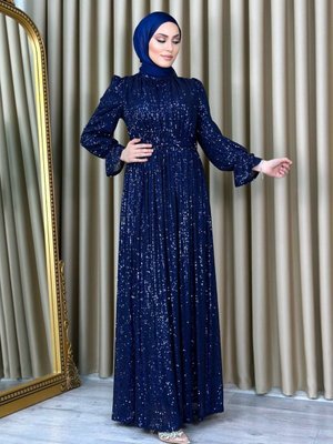 Kadın Lacivert Pulpayetli Abiye Elbise