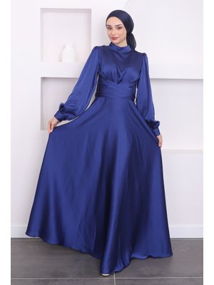 Koyu Lacivert Ön Bağlamlı Saten Abiye Elbise