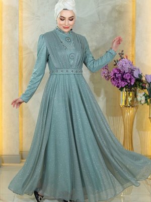 Mint Taş Detaylı Göğsü Drapeli Simli Abiye Elbise