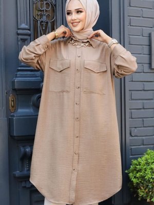 Düğmeli Camel Tunik