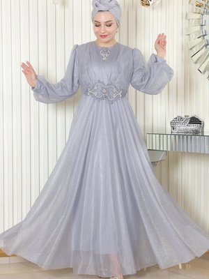 Gri İnci Detaylı Drapeli Simli Abiye Elbise Gri İnci Detaylı Drapeli Simli Abiye Elbise