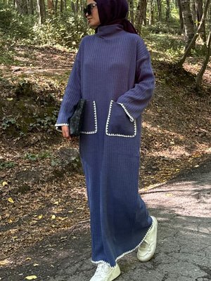 Mavi Çoban Dikişli Çift Cepli Fitilli Elbise