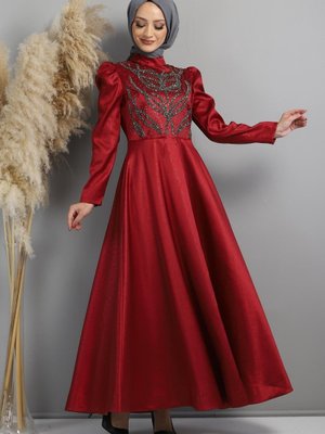 Bordo Taşlı Yakma Desenli Abiye Elbise Bordo Taşlı Yakma Desenli Abiye Elbise