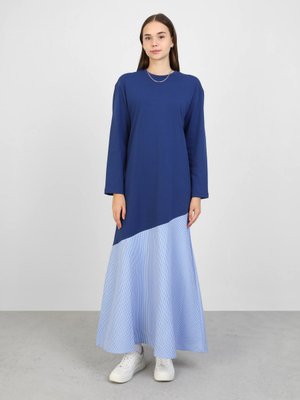 Lacivert Çizgi Detaylı Colorblock Elbise Lacivert Çizgi Detaylı Colorblock Elbise