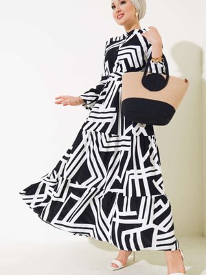 Siyah Çizgi Desen Viskon Elbise