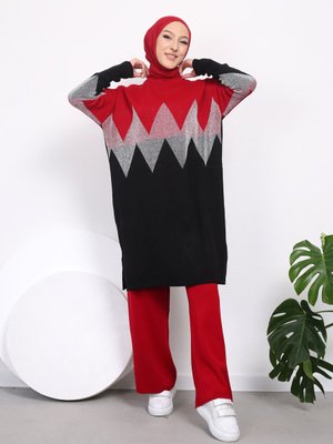 Kırmızı Zigzag Desenli Triko Takım Kırmızı Zigzag Desenli Triko Takım