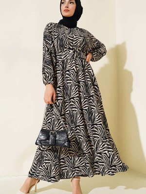 Siyah Desenli Kemerli Bürümcük Elbise
