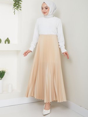 Bej Piliseli Beli Lastikli Basic Uzun Etek Bej Piliseli Beli Lastikli Basic Uzun Etek