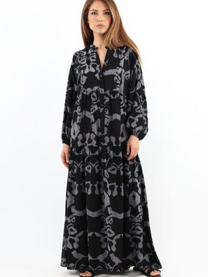 Prive Chain Viskon Gri Siyah Uzun Elbise