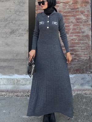 Koyu Gri Kamel Dügmeli Fitilli Elbise