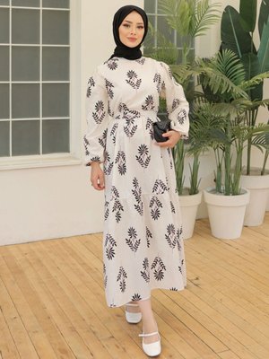 Beli Kuşaklı Elbise Siyahdesenli