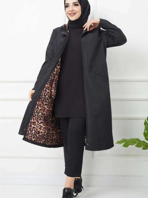 Leopar Desenli Trenckot Siyah