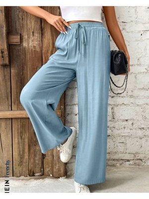 Mavi Beli Lastikli Yazlık İnce Kot Bol Paça Pantolon