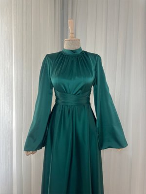 İspanyol Kol Saten Abiye Elbise