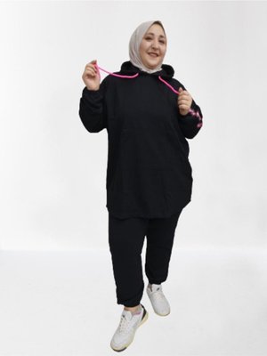 Büyük Beden Salaş Kesim Eşofman Takımı Siyah