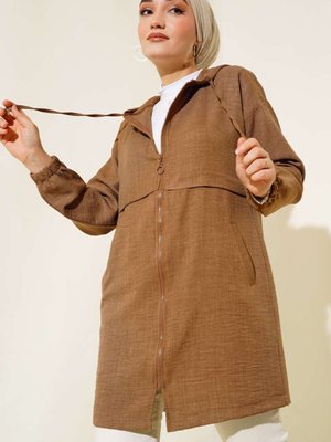 Kahve Araboy Kapüşonlu Fermuarlı Keten Kap Kahve Araboy Kapüşonlu Fermuarlı Keten Kap