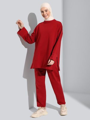 Yanları Yırtmaçlı Oversize İkili Eşofman Takımı Bordo Yanları Yırtmaçlı Oversize İkili Eşofman Takımı Bordo