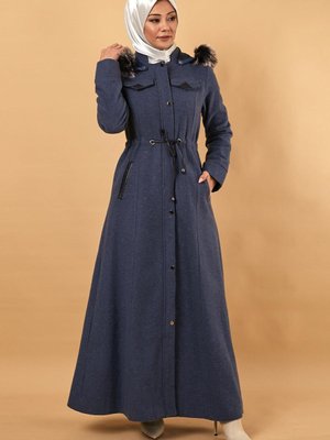 İndigo Deri Detaylı Kapüşonlu Kaşe Kaban İndigo Deri Detaylı Kapüşonlu Kaşe Kaban