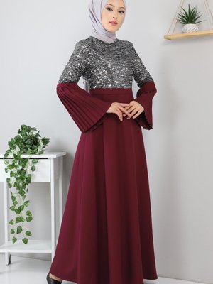 Mürdüm Piliseli Pulpayetli Abiye Elbise Mürdüm Piliseli Pulpayetli Abiye Elbise