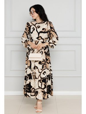 Vizon Çiçekli Kuşaklı Viscon Elbise Vizon Çiçekli Kuşaklı Viscon Elbise