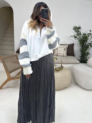 Antrasit Buruşuk Mat Saten Uzun Etek