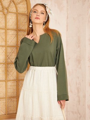 Haki Ekstra Uzun Duble Kol / Yakası Yırtmaçlı Salaş Bluz Sweatshirt Haki Ekstra Uzun Duble Kol / Yakası Yırtmaçlı Salaş Bluz Sweatshirt