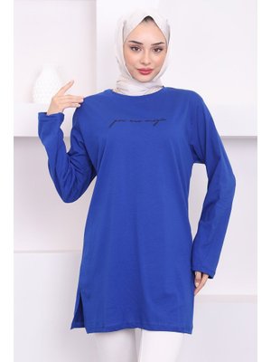 Saks Mavisi Baskılı Uzun Kol Penye Tunik Saks Mavisi Baskılı Uzun Kol Penye Tunik