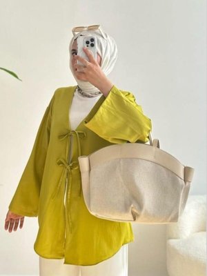 Yağ Yeşili Önü Baglamalı Kimono Tunik