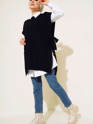 Yandan Kuşak Bağlamalı Süveter Siyah