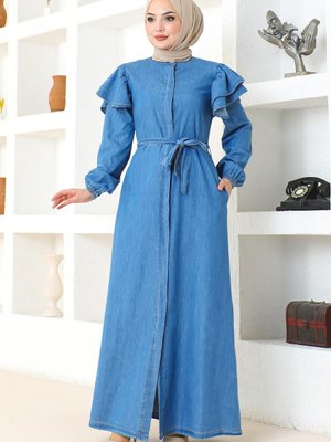 Açık Kot Omuzu Fırfırlı Düğmeli Mavi Ferace