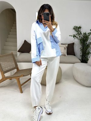 Ekru Mavi Çizgi Gömlek Garnili İnce Sweatshirt