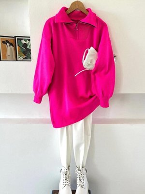 Fuşya Yaka Fermuarlı Triko Tunik