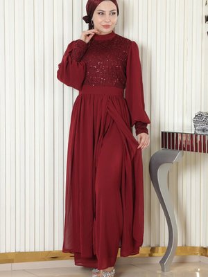 Bordo Pulpayetli Şifon Takım Bordo Pulpayetli Şifon Takım