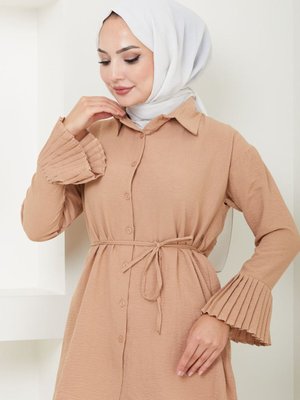 Bej Kolu Piliseli Gömlek Yaka Tunik Bej Kolu Piliseli Gömlek Yaka Tunik