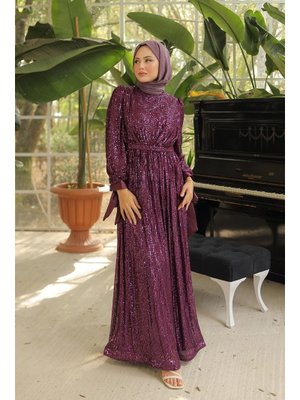 Fuşya Arven Payetli Abiye Elbise