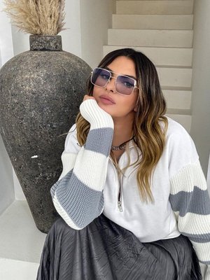 Gri Ekru Kolları Şeritli Garnili Sweat