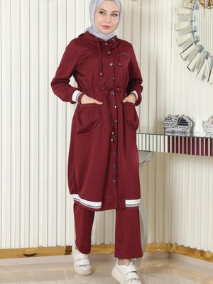 Bordo Kapüşonlu Ribanalı Takım