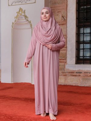 Cantalı Tek Parca Namaz Elbısesı Gül Kurusu Cantalı Tek Parca Namaz Elbısesı Gül Kurusu