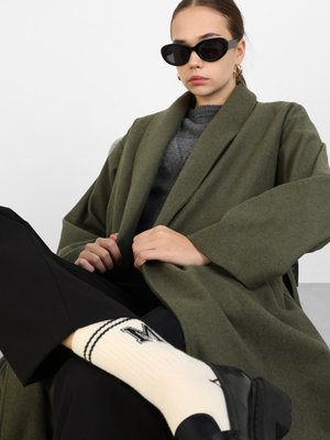 Yeşil Kuşak Detaylı Şal Yaka Uzun Kaban