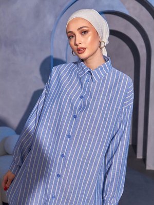 Uzun Kollu Düğmeli Çizgili Dokuma Gömlek