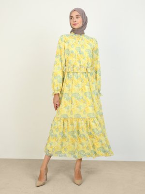 Sarı Desenli Astarlı Şifon Şık Elbise